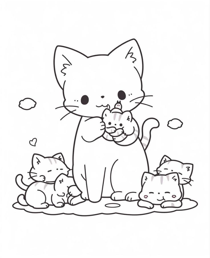 Desenho de uma gata adulta segurando um filhote, cercada por mais três filhotes em um cenário com nuvens e chão, estilo cartoon para colorir.