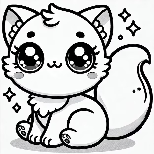 Desenho para colorir de um gatinho super fofo com traços kawaii arredondados e olhos brilhantes