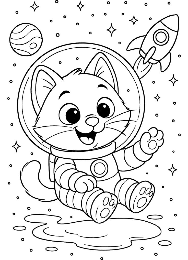Desenho de um gatinho dentro de um traje de astronauta acenando no espaço, com um foguete ao fundo e um planeta próximo.
