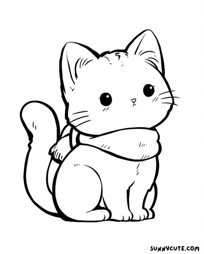 Desenho de um gato estilo cartoon com olhos grandes e usando um cachecol, ideal para colorir e atividades infantis.