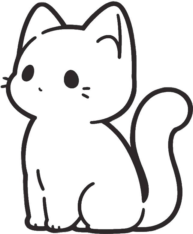Desenho de um gatinho cartoon fofo com olhos grandes, cauda enrolada e um sorriso encantador, pronto para ser colorido.