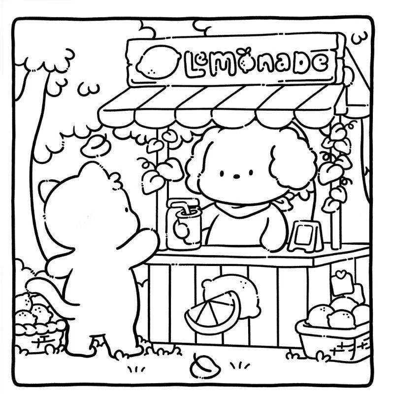 Um desenho fofo de um gatinho conversando com um cachorrinho atrás de uma barraca de limonada, com muitas frutas e detalhes divertidos.