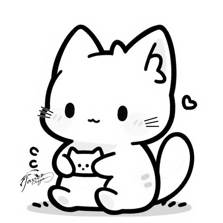 Desenho de um gatinho kawaii fofinho segurando um mini gatinho com um coração flutuando próximo à sua cabeça para colorir.