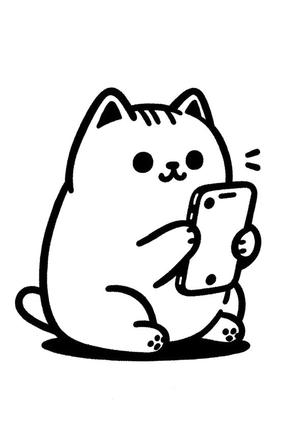 Desenho de um gato fofo assistindo vídeos no celular para colorir e imprimir.