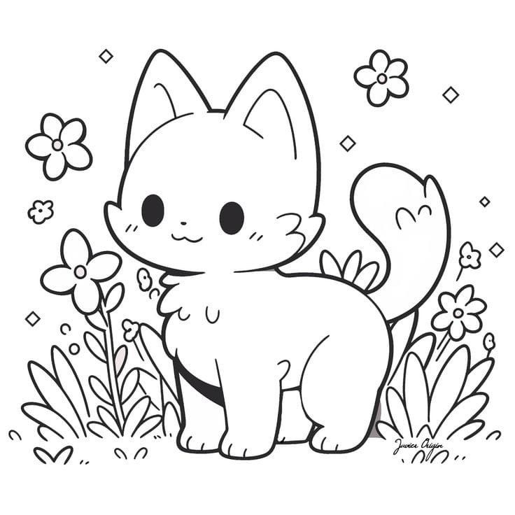 Desenho de um gato fofo em estilo cartoon, cercado por flores de diferentes tamanhos, com traços simples e grossos para colorir.
