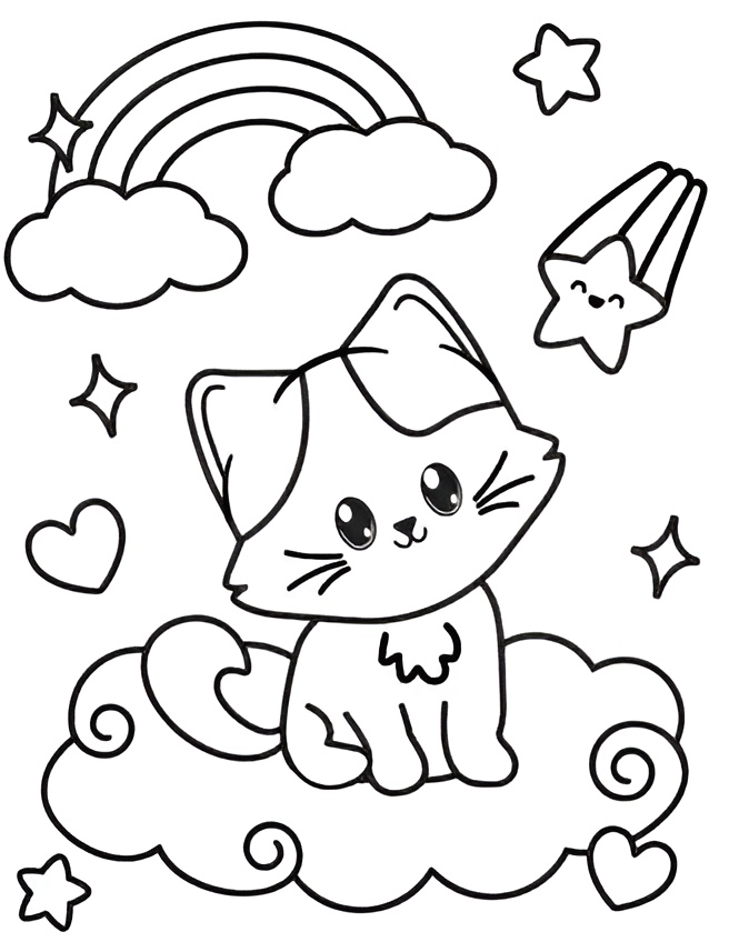 Desenho de gatinho fofo de cartoon sentado em uma nuvem com arco-íris, estrelas e coração para imprimir e colorir.