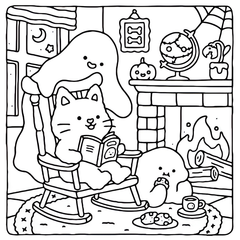Desenho de Gato no Halloween lendo livro com fantasmas, abóbora, biscoitos e lareira para colorir.