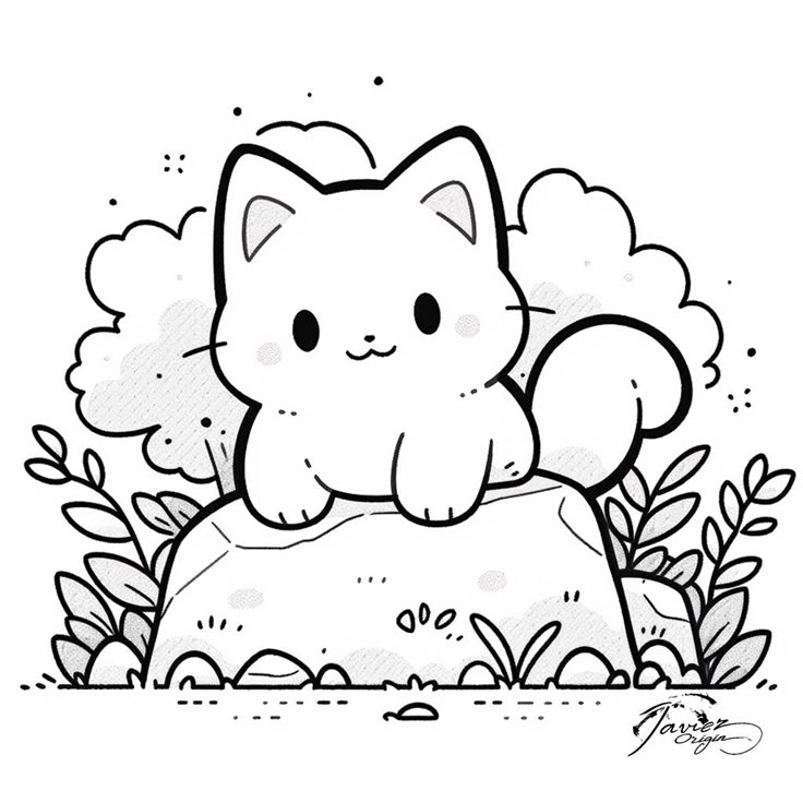 Ilustração de um gato cartoon sentado sobre uma pedra em meio à natureza, com plantas estilizadas ao fundo, pronto para colorir.