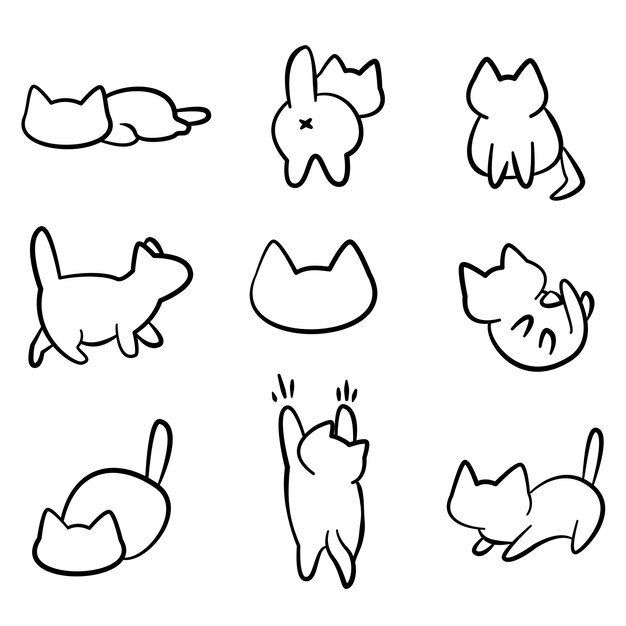 Conjunto de imagens de gatinhos em diferentes posições como: gato dormindo, sentado de costas, sentado de frente, andando, entre outras.