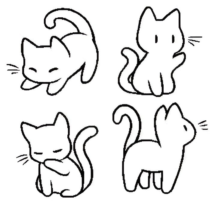 Desenho de gatinhos em poses divertidas, estilo cartoon, com traços simples e expressões minimalistas para colorir e imprimir.