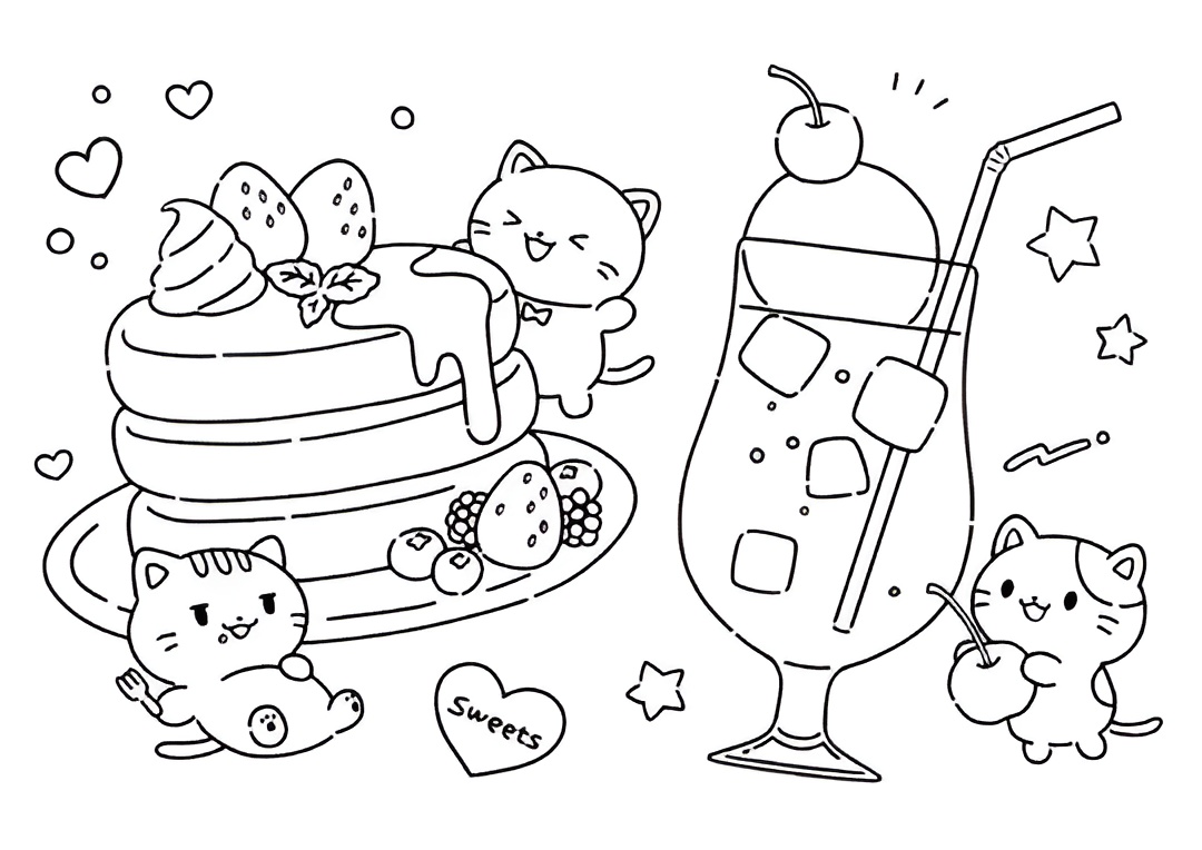 Desenho de gatinhos gulosos com bolo de panqueca, chantilly, morangos e outras doçuras para colorir e imprimir.