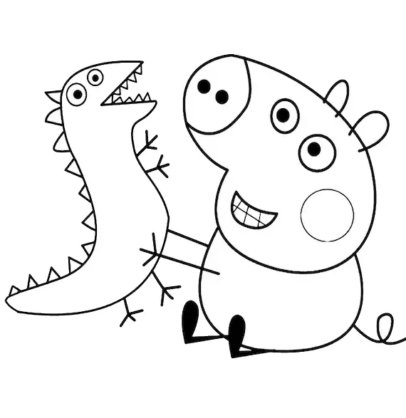 George Pig sentado segurando seu brinquedo favorito, um dinossauro verde, em um desenho de traços simples para colorir.
