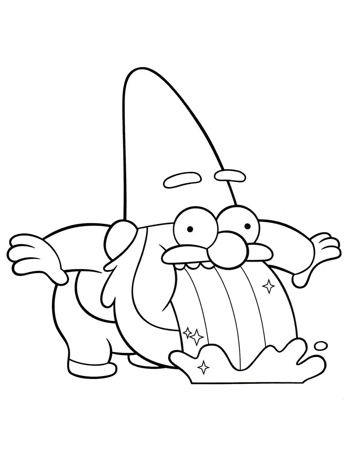 Gnomo de chapéu pontudo de Gravity Falls vomitando um arco-íris brilhante