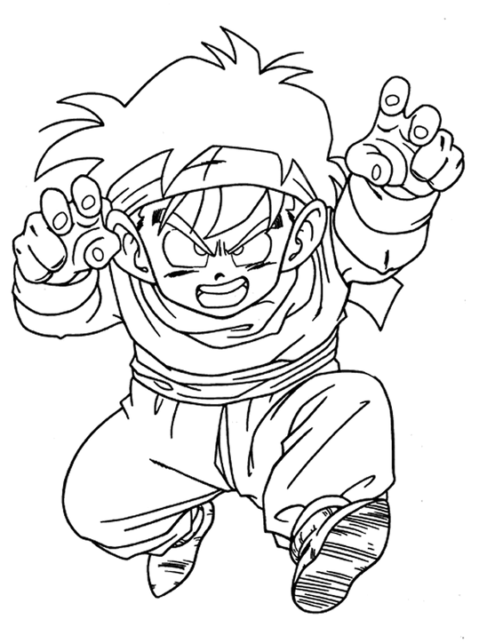 Desenho do Gohan pequeno de Dragon Ball, em pose de luta com faixa na cabeça e roupas de treinamento, pronto para ser colorido.