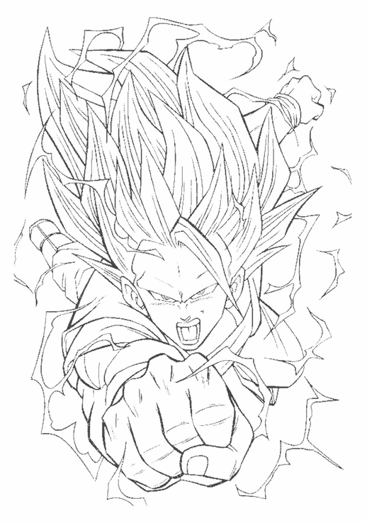 Desenho de Gohan na forma Super Saiyajin 2, com cabelos espetados, olhar determinado e dando um soco, cercado por efeitos de energia.