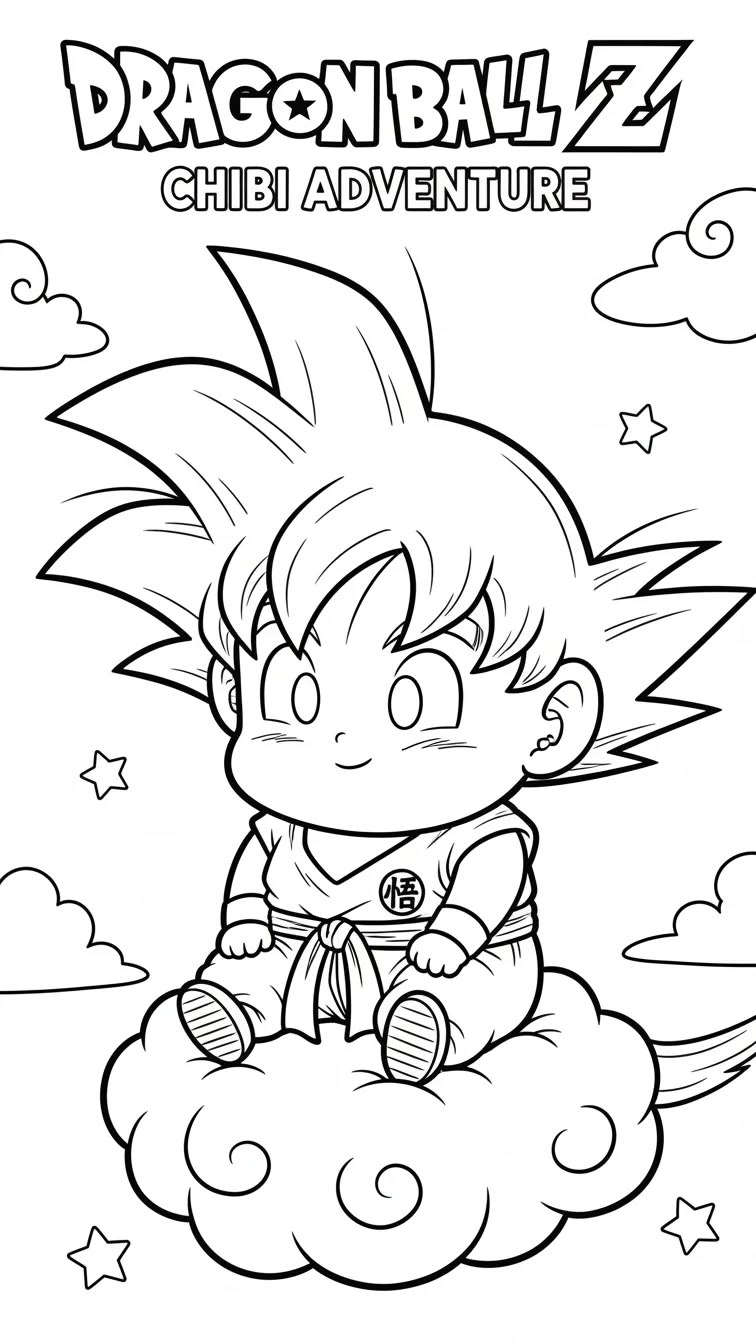 Ilustração estilo chibi do Goku bebê sentado confortavelmente sobre a Nuvem Voadora, cercado por nuvens menores e estrelas no céu.