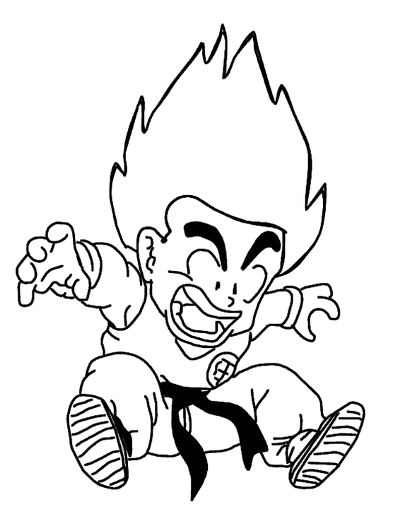 Desenho em linhas pretas do pequeno Goku de Dragon Ball com cabelo espetado, rindo e em posição de luta, pronto para ser colorido.