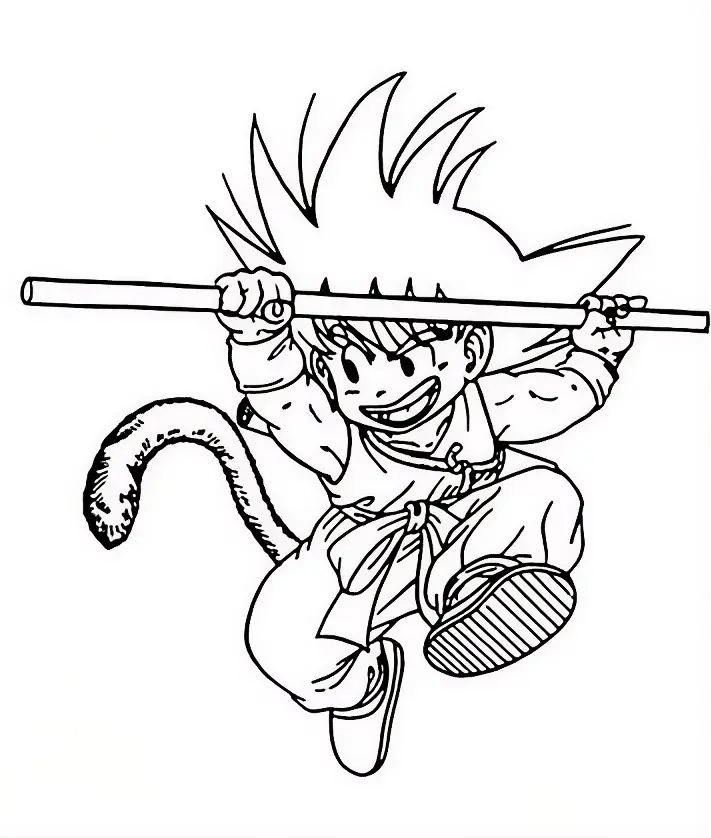 Desenho de traço preto e branco do pequeno Goku segurando seu bastão mágico, com rabo de macaco e sorriso confiante.