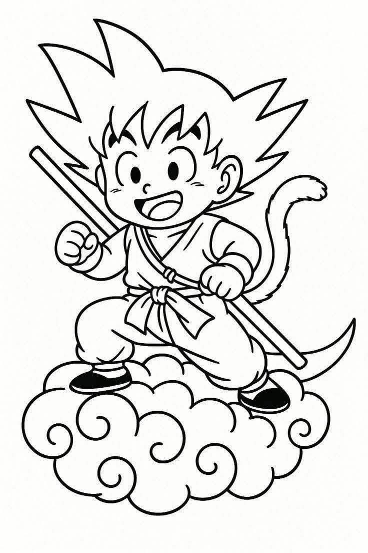 Desenho para colorir do Goku pequeno, ainda criança, em cima da Nuvem Voadora segurando seu bastão mágico, com traços simples e divertidos.