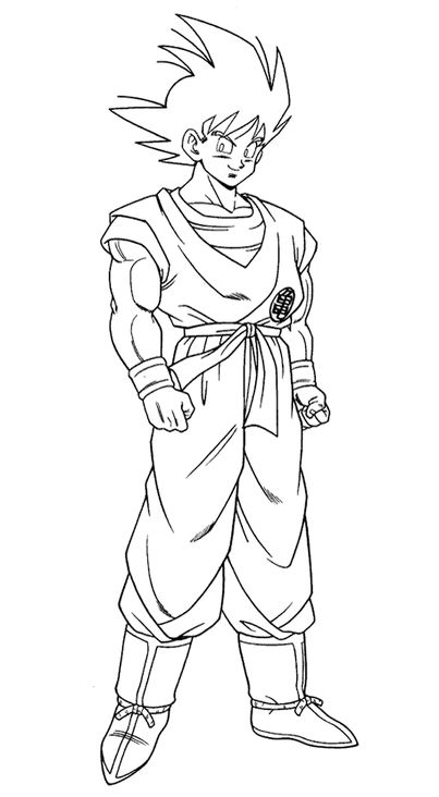 Desenho de linha do Goku de Dragon Ball em pé, pronto para a ação, com seu traje de luta clássico.