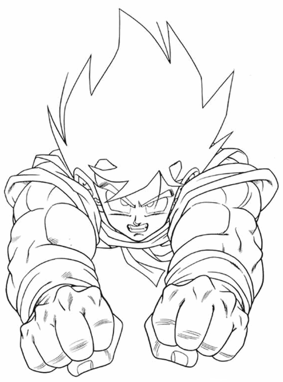 Goku de Dragon Ball com os punhos cerrados avançando em direção ao leitor, com cabelo espetado e expressão de foco total.