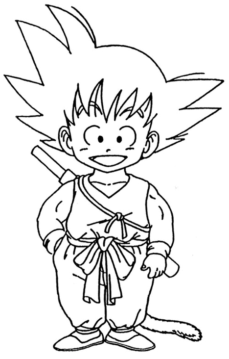 Desenho de traço simples do Goku criança sorrindo, usando seu traje de artes marciais e carregando o bastão mágico nas costas, com sua cauda de saiyajin aparecendo.