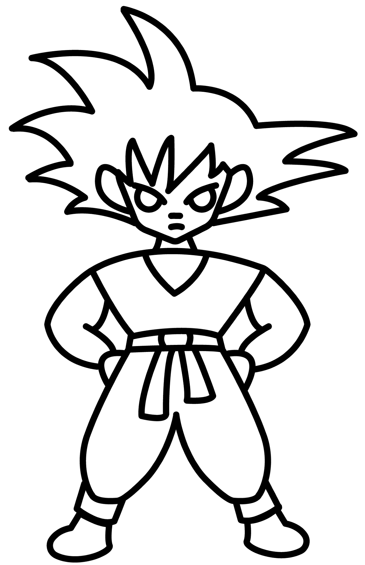Desenho de contorno do Goku com o cabelo espetado em pose de luta, pronto para ser colorido.