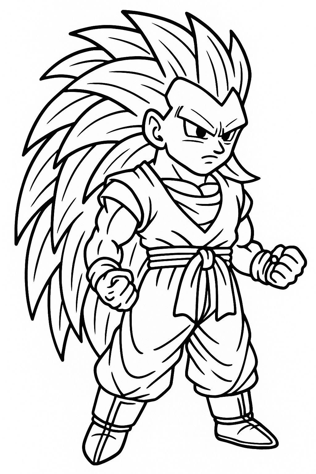 Desenho do Goku na transformação Super Saiyajin 3, com cabelos longos espetados e olhar determinado para colorir.