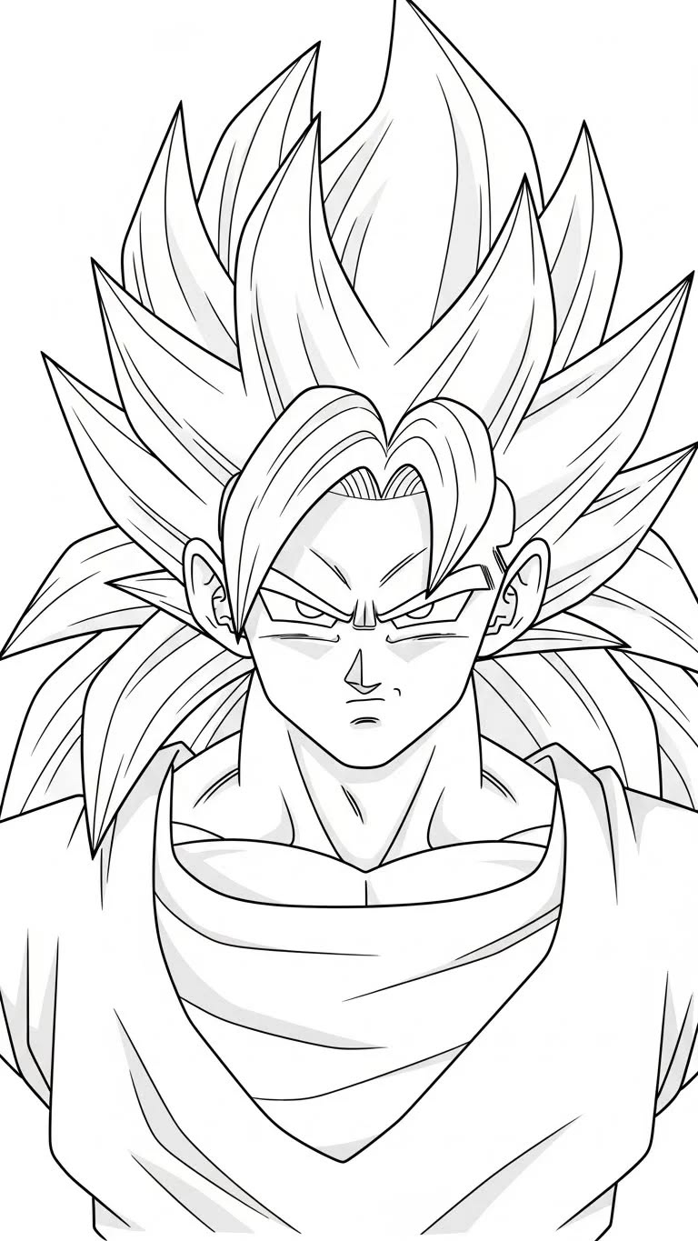 Desenho para colorir do Goku transformado em Super Saiyajin 3, destacando seus longos cabelos loiros e olhar focado.
