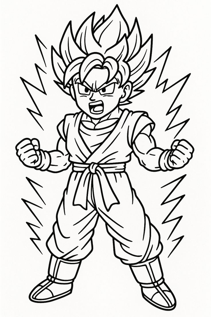 Desenho para colorir do Goku transformado em Super Saiyajin, com cabelo espetado, expressão de força e aura de raios ao redor.