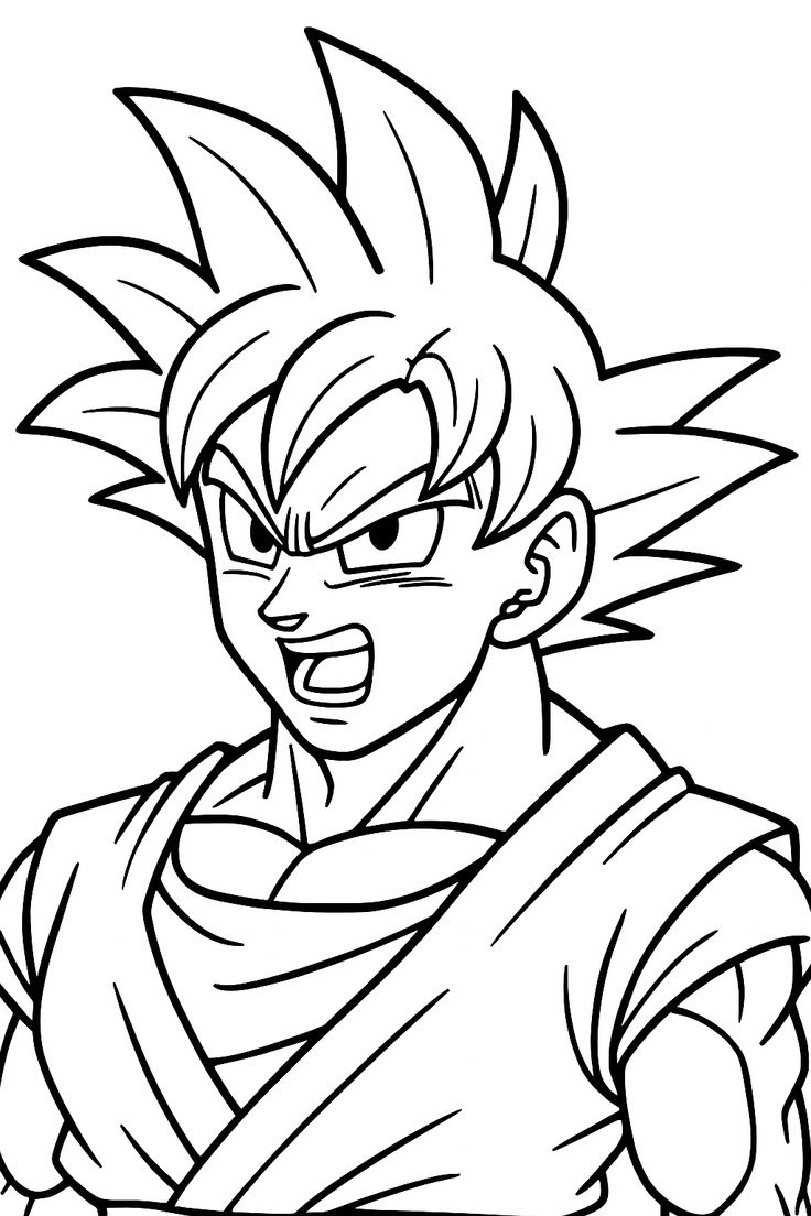 Desenho para colorir do rosto do Goku na forma Super Saiyajin, com expressão de determinação e cabelo espetado.