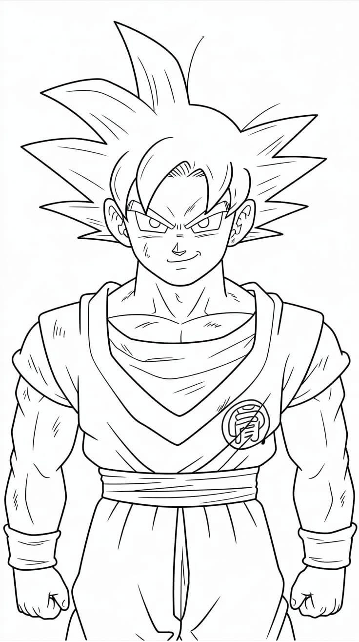 Desenho de Goku em sua forma de Super Saiyajin com cabelos espetados, pronto para colorir.