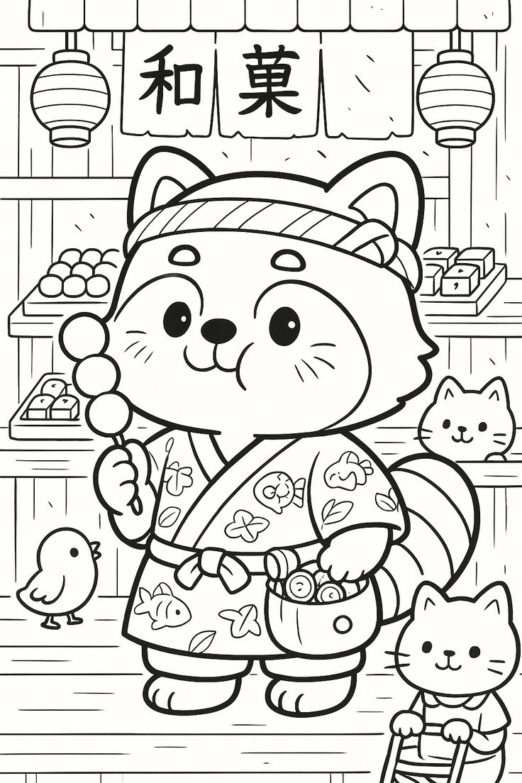 Um guaxinim adorável usando um quimono e bandana, comendo espetinhos de dango em uma barraca de doces japoneses, acompanhado por gatinhos e um passarinho.