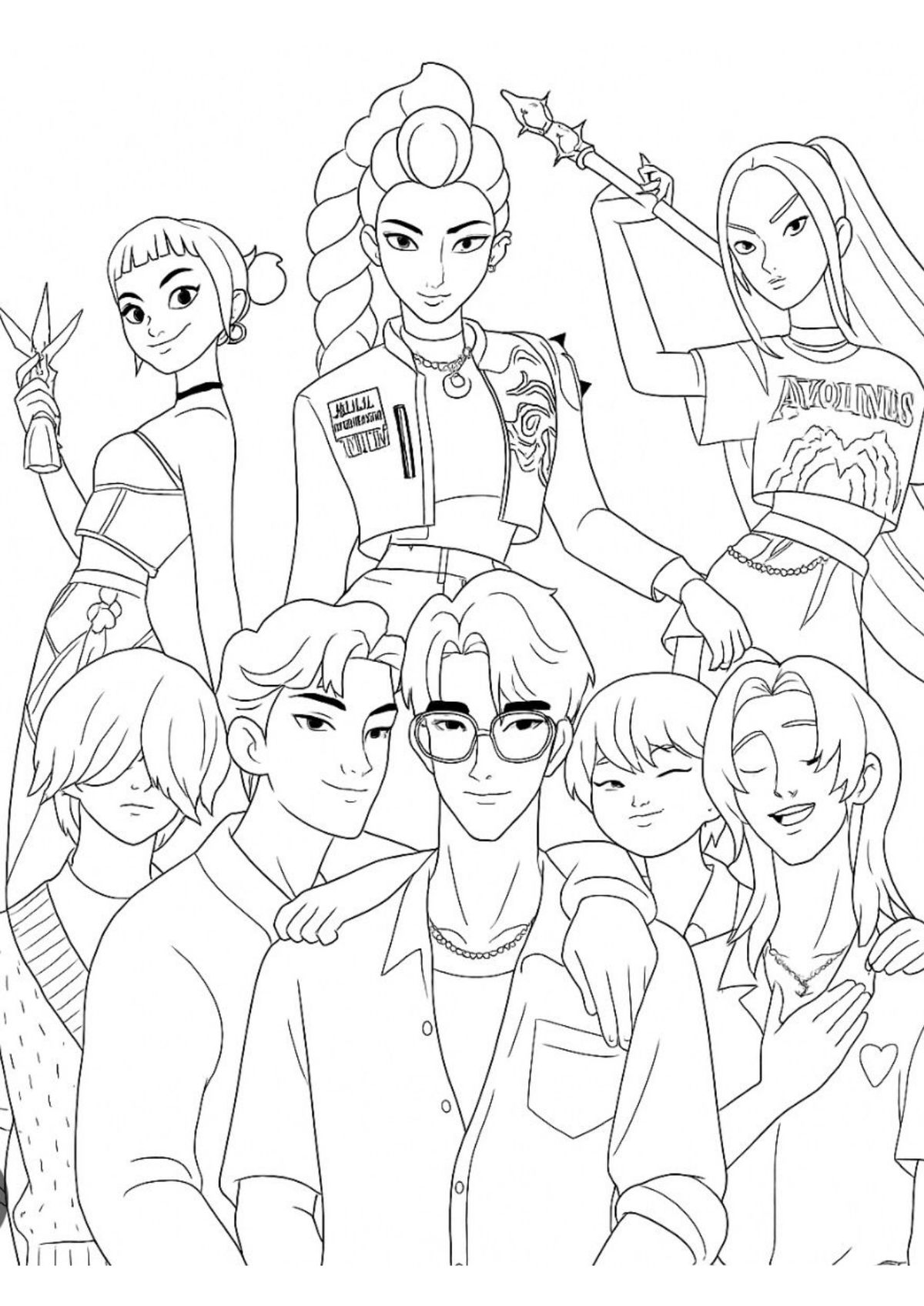Grupo de cinco jovens, incluindo as Guerreiras do K-pop e os Saja Boys, em pose de amizade, com uma personagem segurando um cetro.