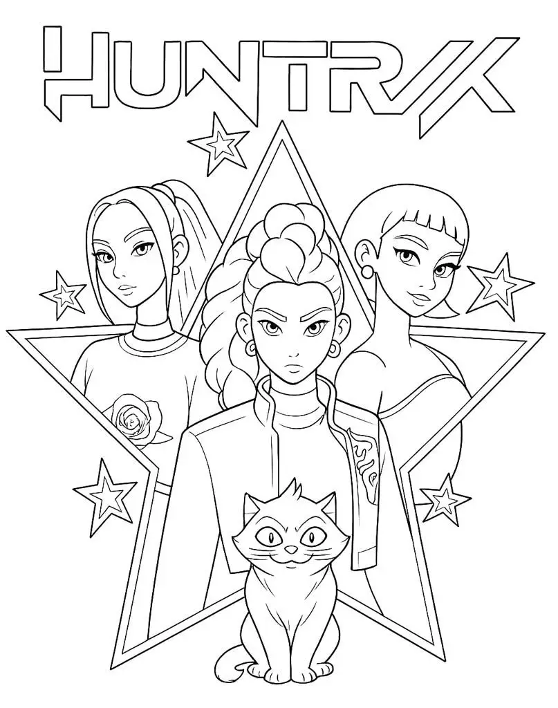 As três integrantes do grupo Huntrix posando atrás de uma estrela gigante com um gato fofo em primeiro plano.