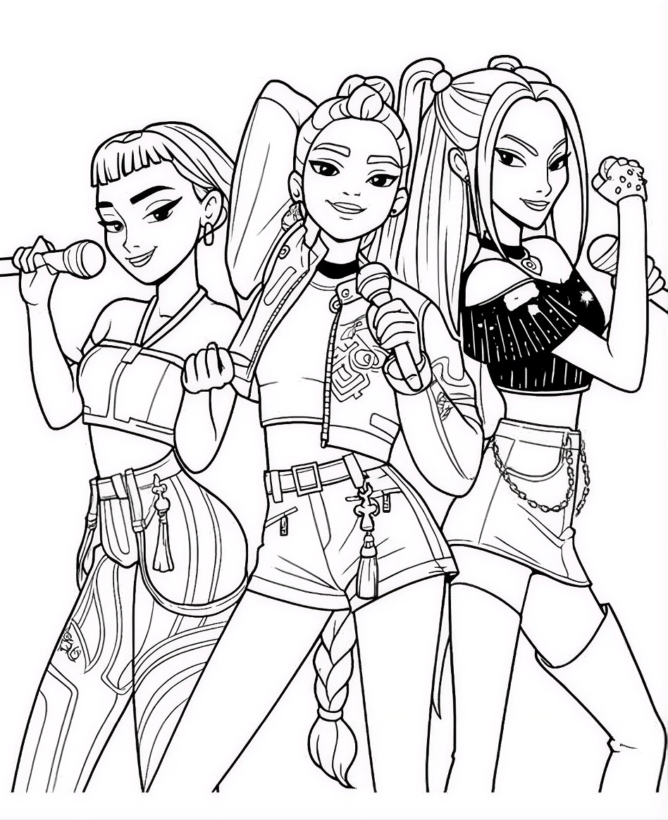 Ilustração em preto e branco de três integrantes do grupo Guerreiras do K-pop: Zoey, Rumi e Mira, segurando microfones e posando para um show.