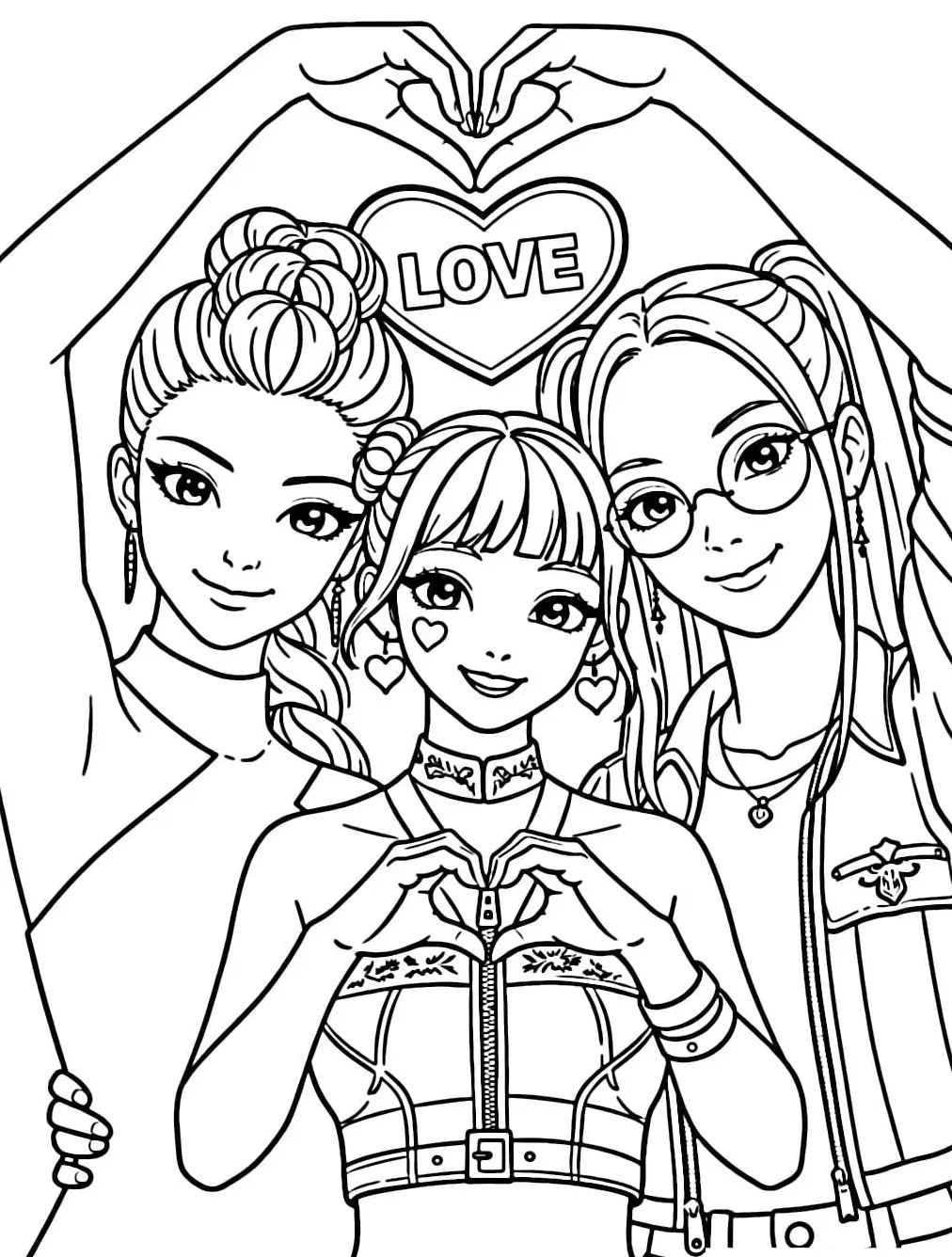 As personagens de K-pop Zoey, Rumi e Mira fazendo sinal de coração com as mãos em um desenho para colorir