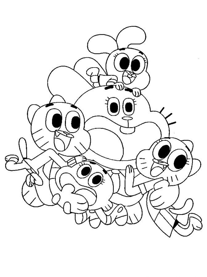 Desenho do Incrível Mundo de Gumball com Gumball, Darwin, Anais, Richard e Nicole para colorir e imprimir.