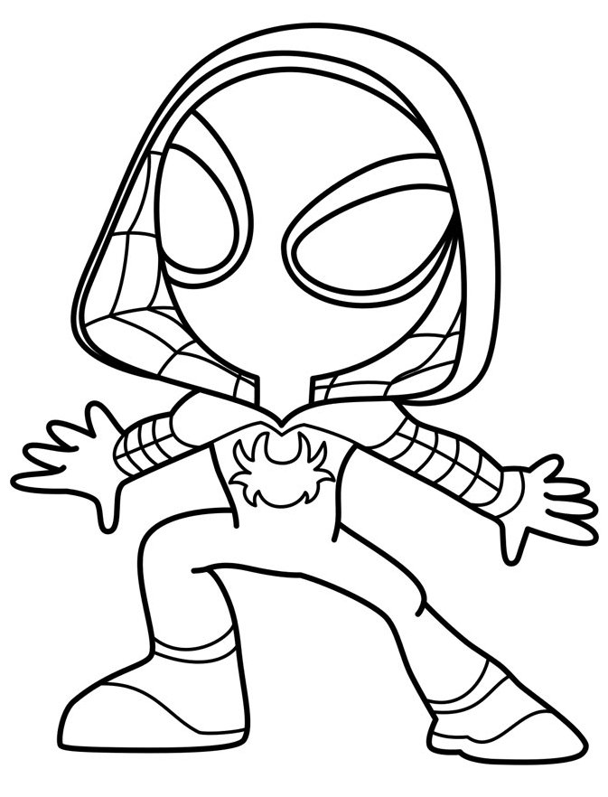 Desenho da Gwen Aranha em versão infantil com grandes olhos ovais, roupa com teias e detalhes quadriculados para colorir.
