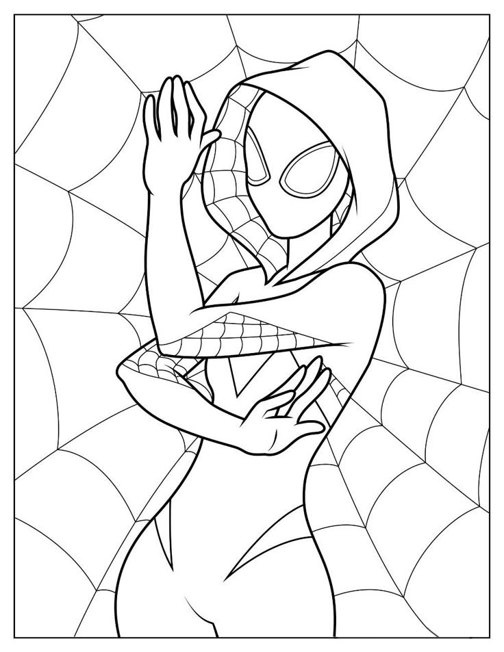 Desenho da Gwen Aranha, a heroína com máscara e teias, para imprimir e colorir.