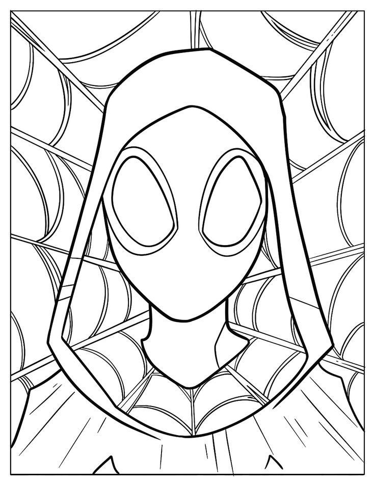 Desenho da Gwen Aranha, com máscara, capuz e uniforme detalhado, em fundo de teia de aranha, para imprimir e colorir.