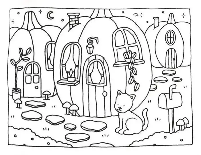 Desenho de Halloween da Bobbie Goods com casas de abóbora, gato, lua e outros elementos para colorir.
