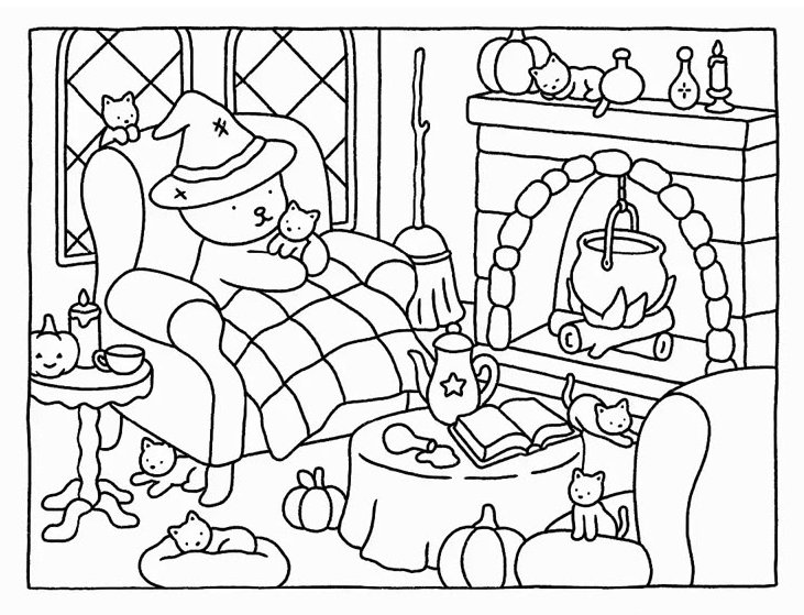 Bobbie Goods para colorir: Urso fantasiado de bruxo com gatos em cena de Halloween aconchegante.