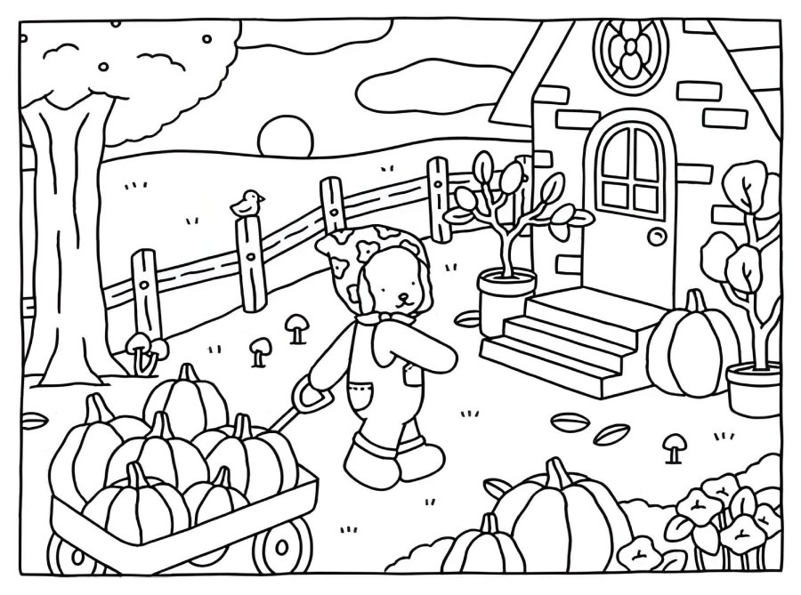 Desenho de Halloween da Bobbie Goods com cachorrinho beagle puxando carrinho de abóboras para colorir e imprimir.
