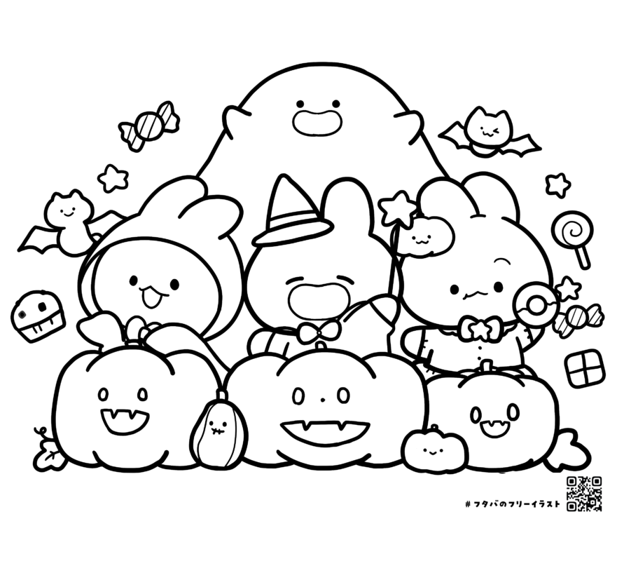 Desenho de Halloween com coelhos fantasiados, abóboras e outros elementos assustadores para colorir e imprimir.