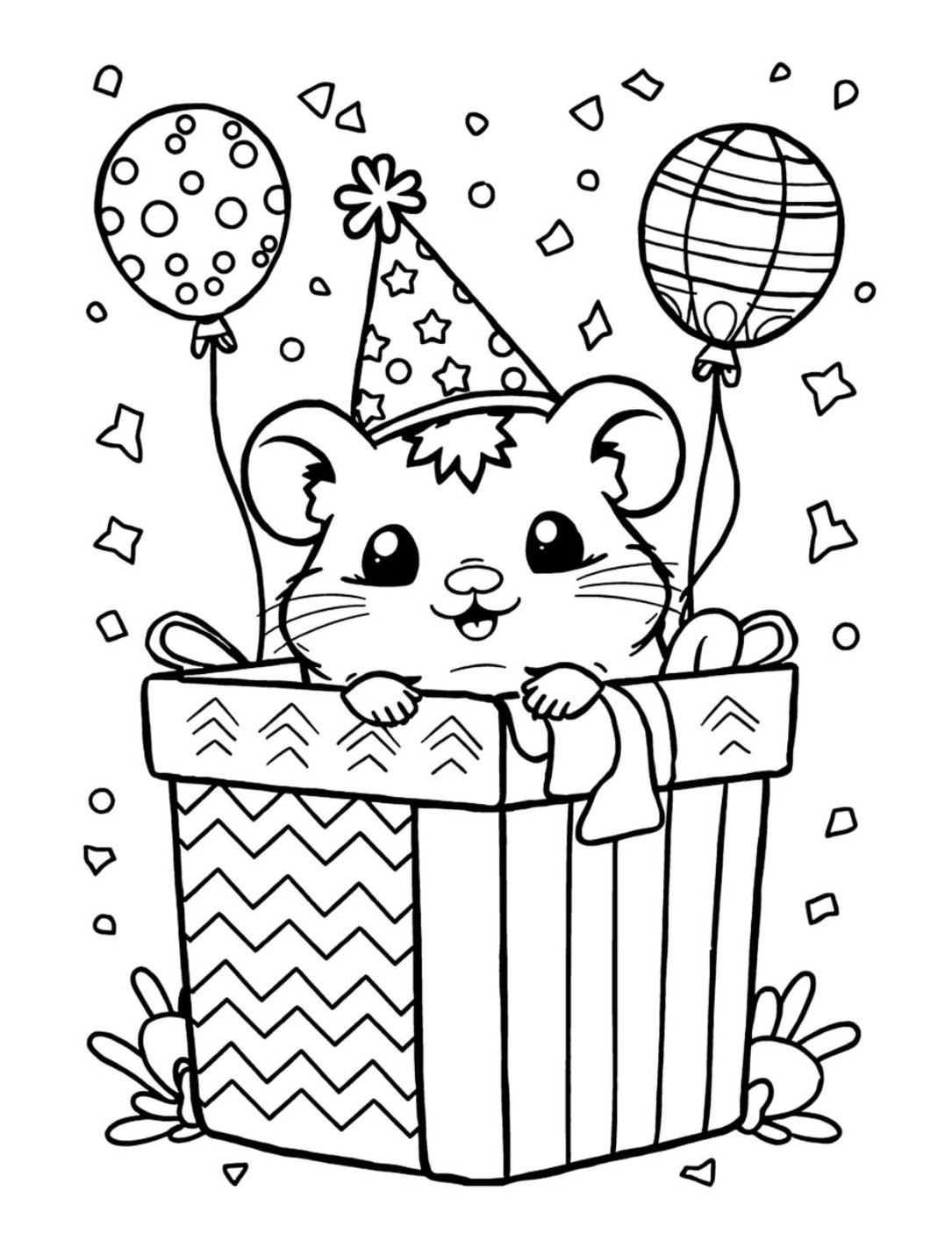 Desenho de um hamster fofo saindo de uma caixa de presente, usando um chapéu de festa e cercado por balões e confetes.