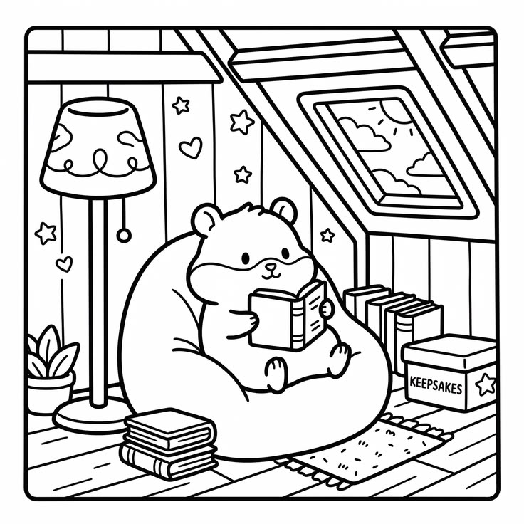Um hamster fofo sentado em uma poltrona bean bag lendo um livro em um sótão iluminado por uma janela no teto, com luminária, livros empilhados e caixa de recordações.