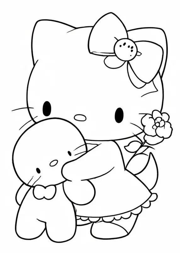Desenho da Hello Kitty sorrindo, abraçada a um ursinho de pelúcia e segurando uma flor.