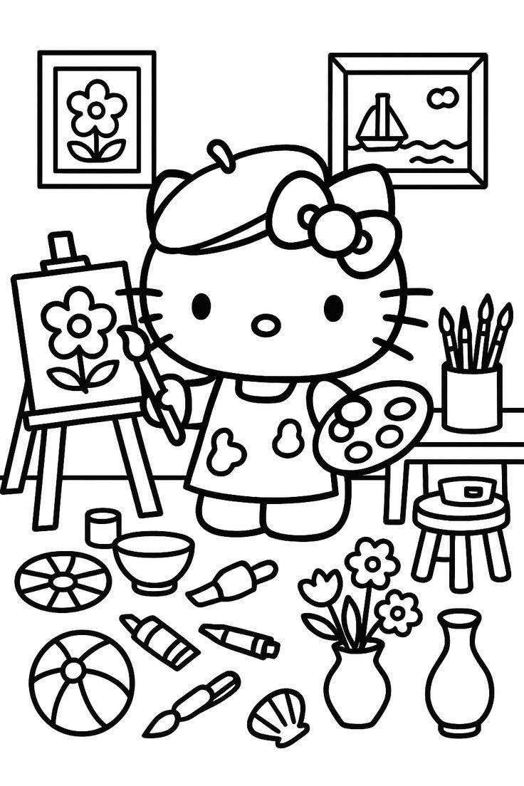 Hello Kitty usando boina e avental, segurando um pincel em frente a um cavalete com um desenho de flor em seu ateliê cheio de acessórios de pintura.