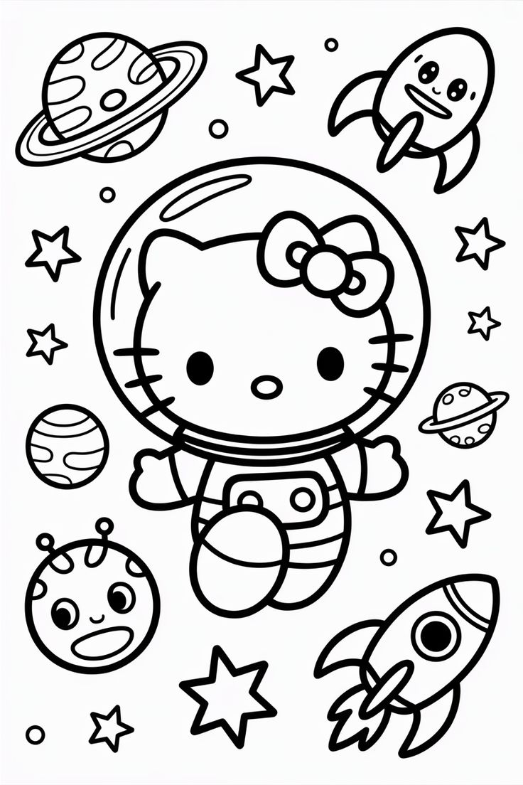 Desenho da Hello Kitty vestida de astronauta flutuando no espaço, cercada por planetas, foguetes e estrelas para colorir.